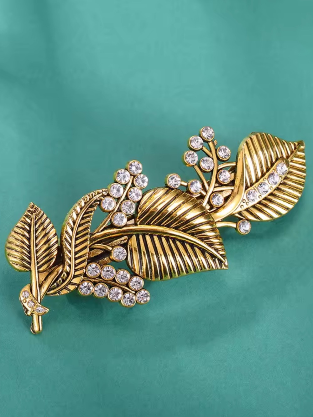 Antique Gold Leaf Crystal Hair Barrette
